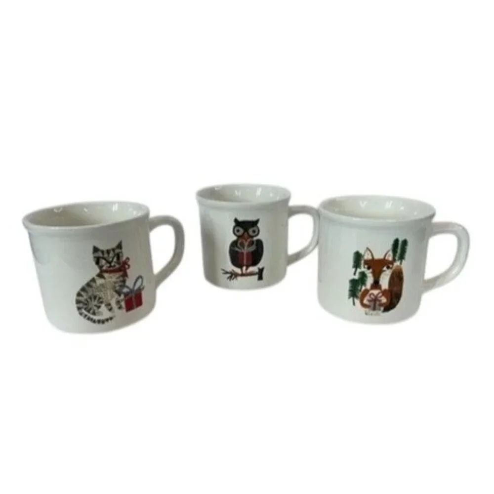 3 POTTERY BARN DENISE FIEDLER WHIMSICAL CAT,FOX & OWL MUGS -A FUN TASTE OF NATUR